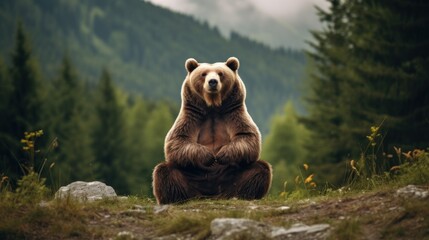 Bear sitting and meditating. - obrazy, fototapety, plakaty