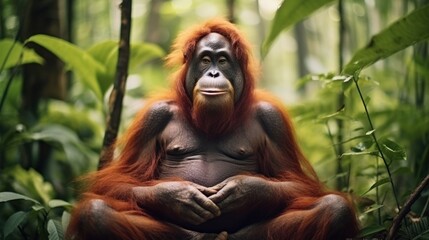 Orangutan sitting and meditating.