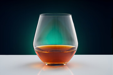 A drink in a glass on a white table with dark green background