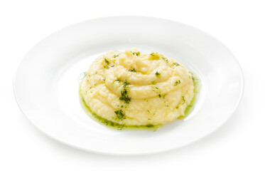 Mashed potatoes. Diet food. Dish on a plate. Isolated.