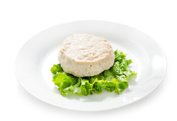 Steamed chicken cutlet. Diet food. Dish on a plate. Isolated.