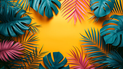 Fototapeta na wymiar Tropical bright colorful background with exotic painted tropical palm leaves. Minimal fashion summer concept. Flat lay. Generative Ai