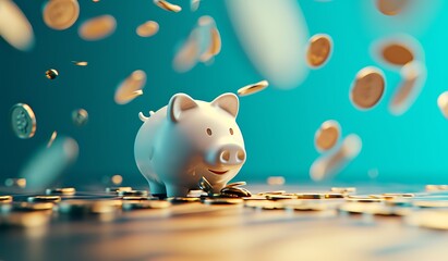 Piggy bank with coins falling on the floor. 3D rendering