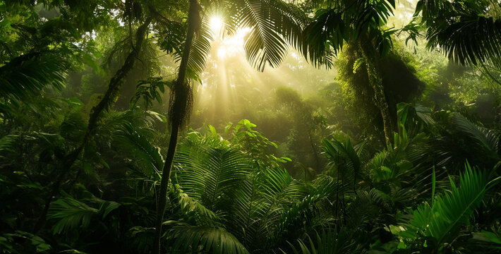 sun rays through the forest, sun shining through the trees, motion collective jungle with overcast