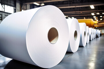 Large rolls of paper at a paper and cardboard production plant. Finished products. Rolls of paper for further processing.