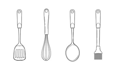 Set of cooking kitchen utensils with whisk brush spoon spatula vector hand-drawn illustration