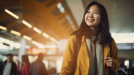 Asian smiling young woman stands in a terminal of an airport. - obrazy, fototapety, plakaty