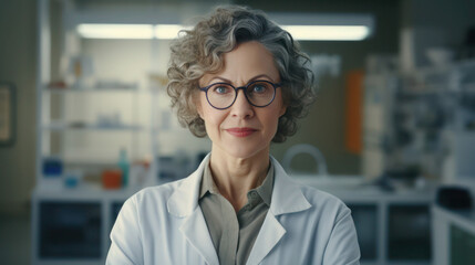 Portrait of a middle-aged female scientist with glasses in a lab coat on the background of a laboratory, selective focus.