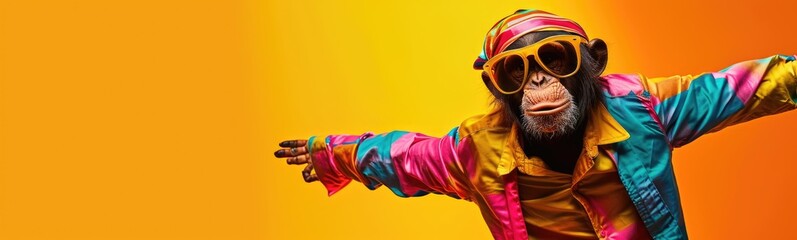 Monkey wearing colorful clothes dancing on yellow background . Banner