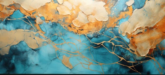 Luxury Marble Background. Swirl Paint in Beautiful Teal and Orange, with Gold Powder.
