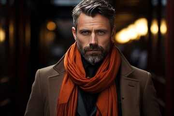 Fototapeta premium Photo Realistic of a Man in a Formal Topcoat and a Cashmere Scarf, Generative AI