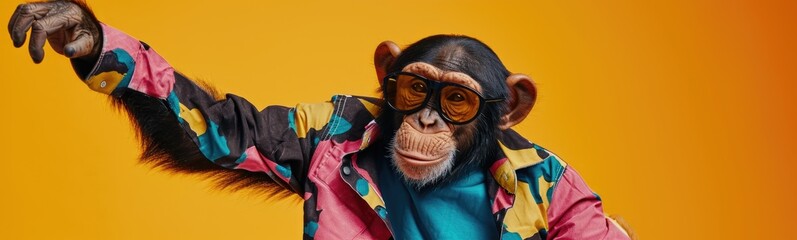Monkey wearing colorful clothes dancing on yellow background . 