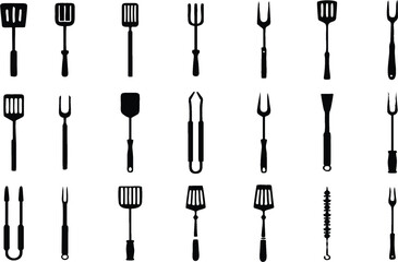 Barbecue fork and spatula flat icons on white background. Barbecue tongs and fork in editable vector, easy to change color or size. eps 10. - obrazy, fototapety, plakaty