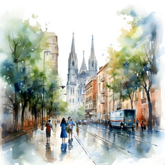 Obraz premium Barcelona Spain watercolor illustration, Europe scenes