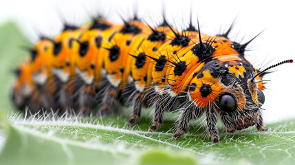 A detailed orange caterpillar climbs a green leaf