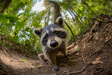 Close up portrait of a curious racoon made with fisheye lens in the forest - obrazy, fototapety, plakaty