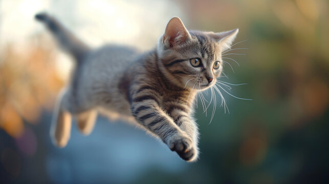 A little kitten jumping, hunting, and playing outdoors