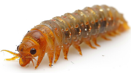 A detailed maggot on a white background looks at the camera at an angle