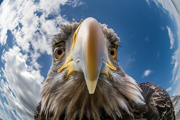 Close up portrait of a curious eagle made with fisheye lens against blue sky