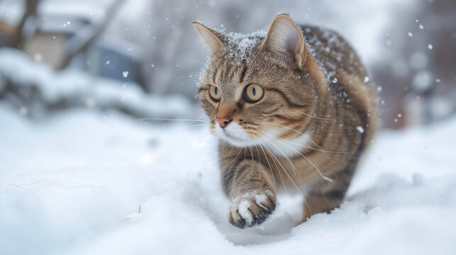 A cat jumping, hunting, and playing in the snow