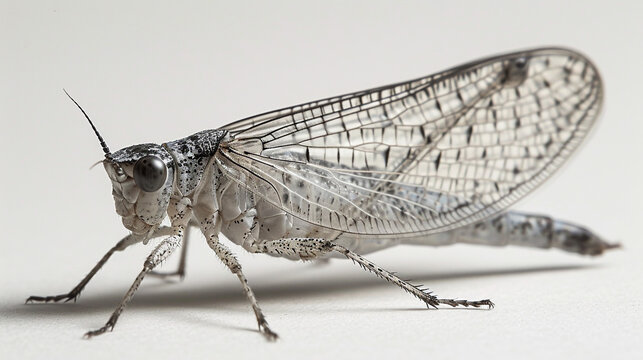 Detailed gray snakefly on a white background