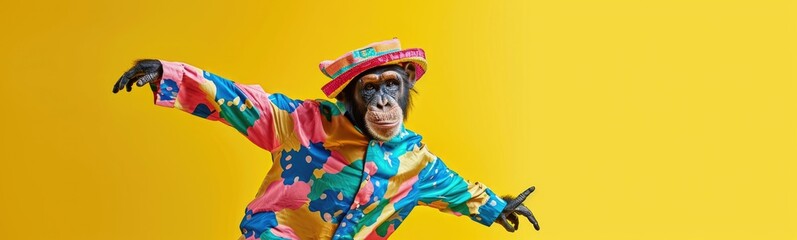 Funny monkey dancing on yellow background. Banner - obrazy, fototapety, plakaty