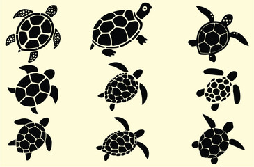 Tortoise icons set in editable vector format. Isolated sea life animal in different position and shapes. eps 10.