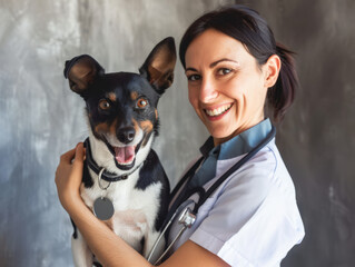 Veterinarian woman with a dog in her arms. Veterinary clinic.