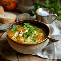 Traditional chicken noodle soup, clear broth with vegetables and herbs