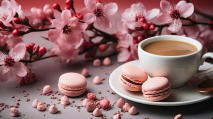 Fototapeta na wymiar Valentine's Day Cherry Blossoms and Heart-Shaped Macarons.