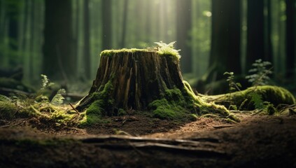 Young trees that grow from the remains of old tree stumps - obrazy, fototapety, plakaty