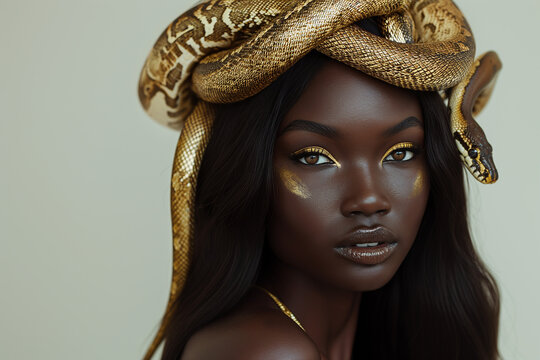 Fashion Photo of a Beautiful Woman with A Golden Python Crown