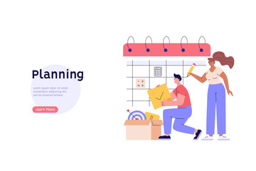 Woman and man planning daily business schedule. Planning calendar, time management, task list. Group calendar sharing for family and work. Couple organizing event. Vector flat design for web banner