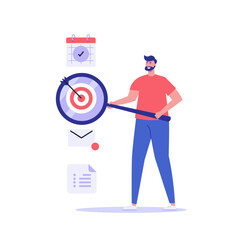 Stay focused concept. Man working with aim, schedule and new letter. Work in focus, productivity, self discipline. Goal achievement. Vector illustration for web design, banner, UI