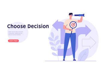 Decision making concept with choose different way. Student or employee choose career path. Various business ways. Difficult choice. Vector illustration in flat cartoon design for web banner, UI