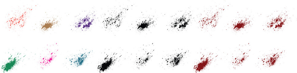 Distressed blood terror red, orange, green, purple, wheat, black color vector brush stroke paint splash background set