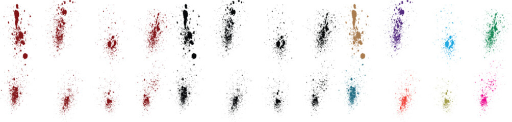 Bloody splatter hand drawn vector splatter red, orange, green, purple, wheat, black color blood paint brush stroke isolated background set