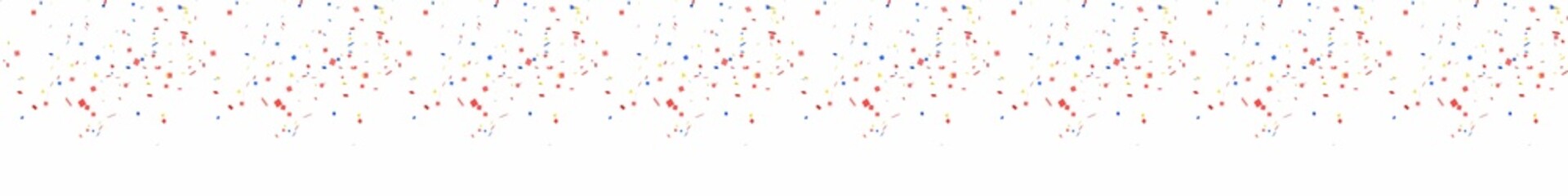 An illustration of colourful confetti rain on long horizontal white isolated background