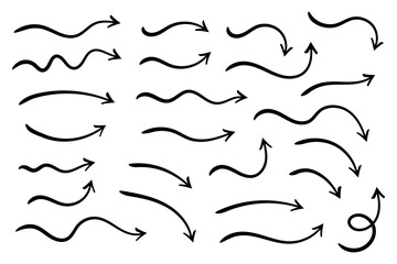Set of vector curved arrows hand drawn. Sketch doodle style. Collection of pointers. - obrazy, fototapety, plakaty