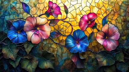 Stained glass window background with colorful Flower and Leaf abstract
