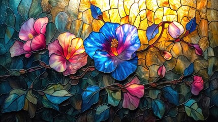 Stained glass window background with colorful Flower and Leaf abstract - obrazy, fototapety, plakaty