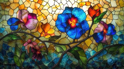 Stained glass window background with colorful Flower and Leaf abstract