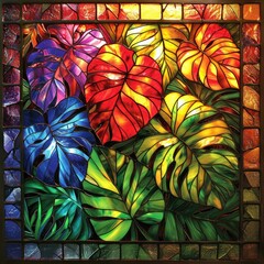 Stained glass window background with colorful Flower and Leaf abstract