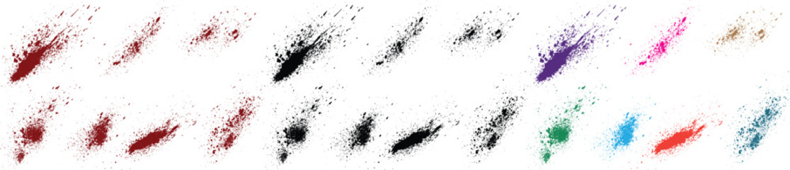 Set of isolated hand-painted red, orange, green, purple, wheat, black color brush stroke horror blood splatter background