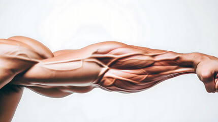 Close-up of a male arm with highly defined muscles against a white background - obrazy, fototapety, plakaty