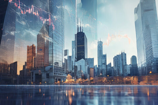 Financial Fusion. Double exposure of virtual financial diagrams seamlessly blending with office buildings, illustrating the synergy of banking and accounting concepts. © Amila Vector