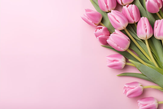Beautiful, stylish Mothers Day or Valentines Day background or banner. Flowers and presents with copy space