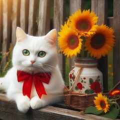 Cute Cat with flower vase, Beautiful cat, Ai Generated 