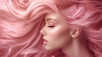 Realistic fashion concept. 
Beautiful young woman with pastel pink flowing hair natural face in natural lighting . 