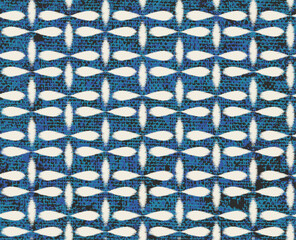 Seamless indigo blue fabric texture background with Ikat style white flower pattern for spring summer 2024 style used in textiles,walls, etc..,